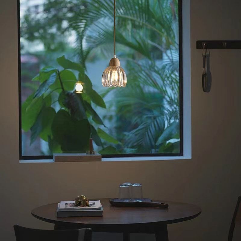 Lampada a sospensione in vetro stile pastorale retrò con supporto in legno di gomma