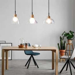 Lampada a sospensione moderna semplice in vetro e legno, 3 luci, E26/E27
