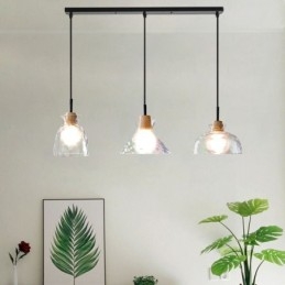 Lampada a sospensione moderna semplice in vetro e legno, 3 luci, E26/E27