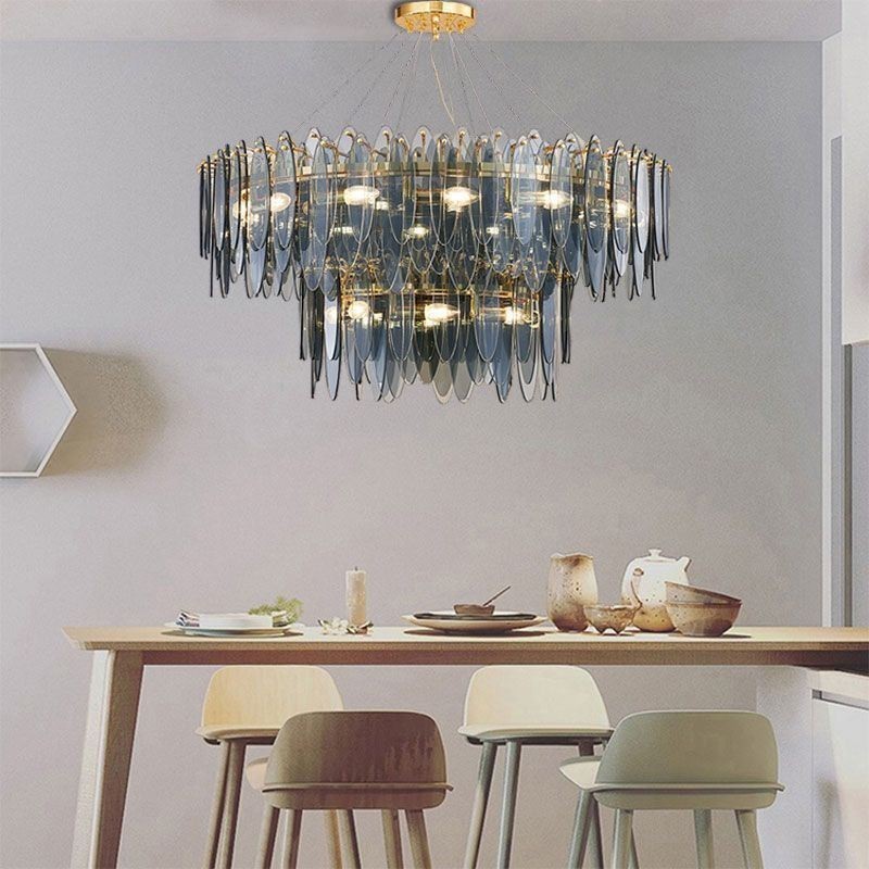 Lampadario moderno in vetro rotondo 14 luci E12/E14 80 x 60 cm