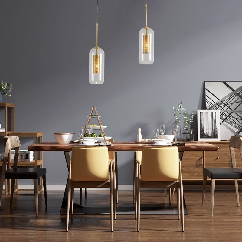 Lampada a sospensione nordica in vetro trasparente e ottone, 1/2/3 luci, E12/E14