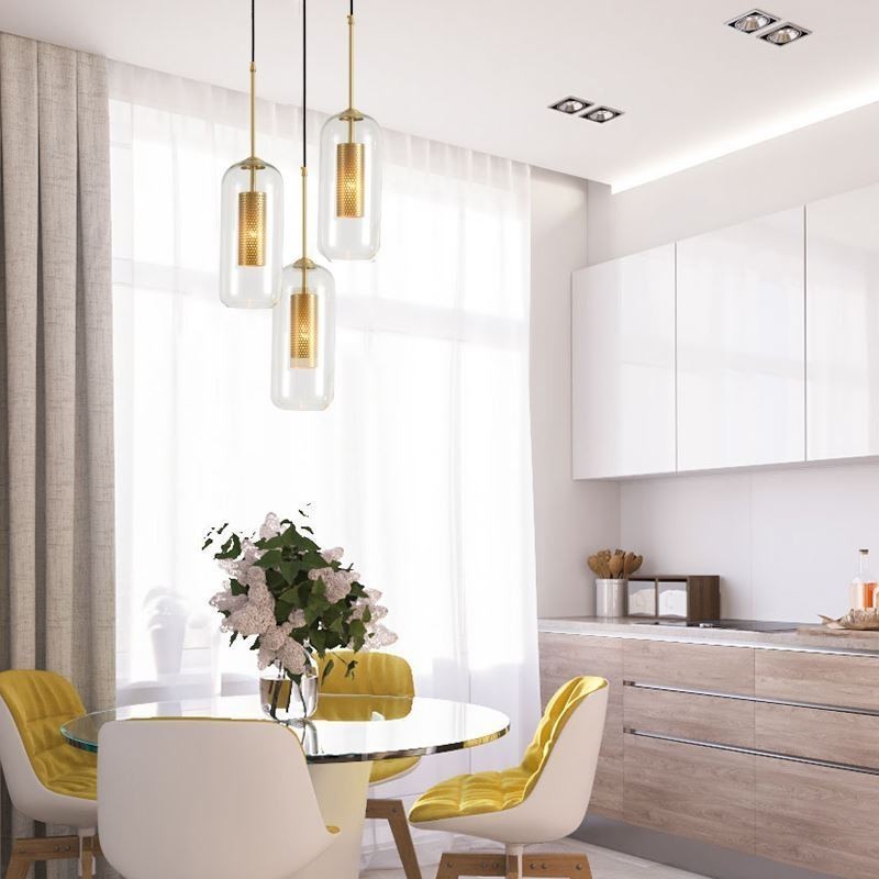 Lampada a sospensione nordica in vetro trasparente e ottone, 1/2/3 luci, E12/E14
