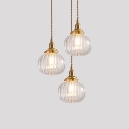 Lampada a sospensione in vetro trasparente a zucca scanalata rotonda, 1 luce
