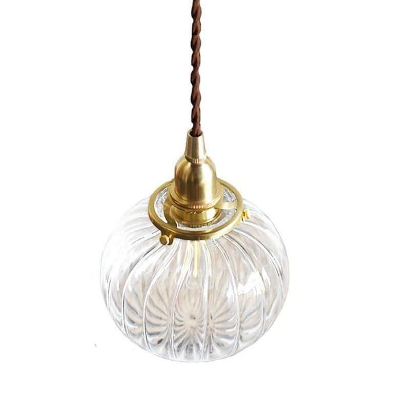 Lampada a sospensione in vetro trasparente a zucca scanalata rotonda, 1 luce