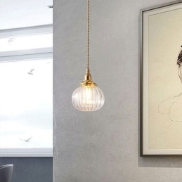 Lampada a sospensione in vetro trasparente a zucca scanalata rotonda, 1 luce