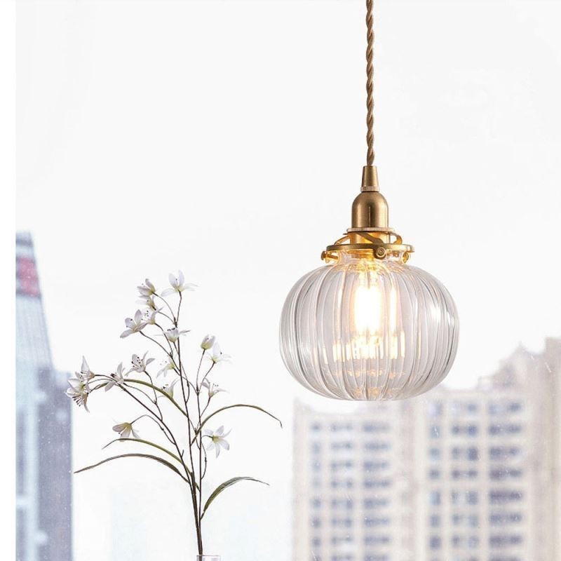 Lampada a sospensione in vetro trasparente a zucca scanalata rotonda, 1 luce