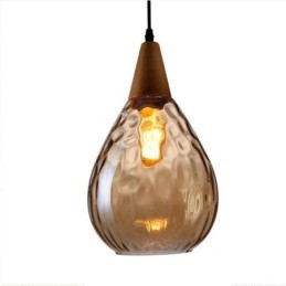 Lampada a sospensione in vetro a goccia con fissaggio in legno