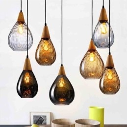 Lampada a sospensione in vetro a goccia con fissaggio in legno