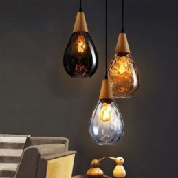 Lampada a sospensione in vetro a goccia con fissaggio in legno