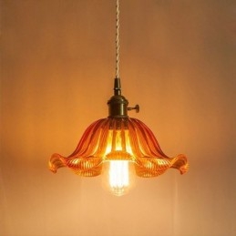 Lampada a sospensione vintage in vetro rigato colorato a forma di fiore con interruttore a torsione