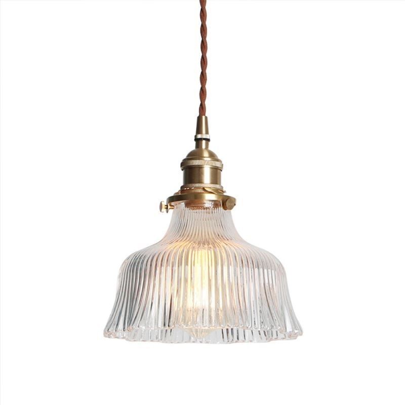 Lampada a sospensione grande a cupola in vetro trasparente rigato con supporto in ottone e interruttore a torsione