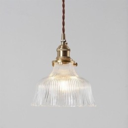 Lampada a sospensione grande a cupola in vetro trasparente rigato con supporto in ottone e interruttore a torsione