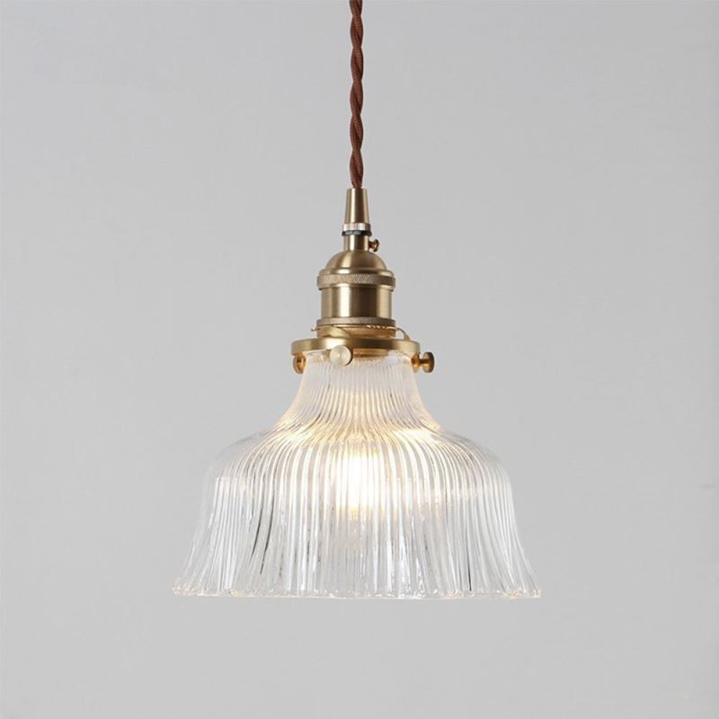 Lampada a sospensione grande a cupola in vetro trasparente rigato con supporto in ottone e interruttore a torsione