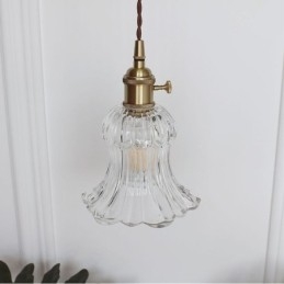 Lampada a sospensione in vetro trasparente scanalato a forma di fiore con interruttore a torsione