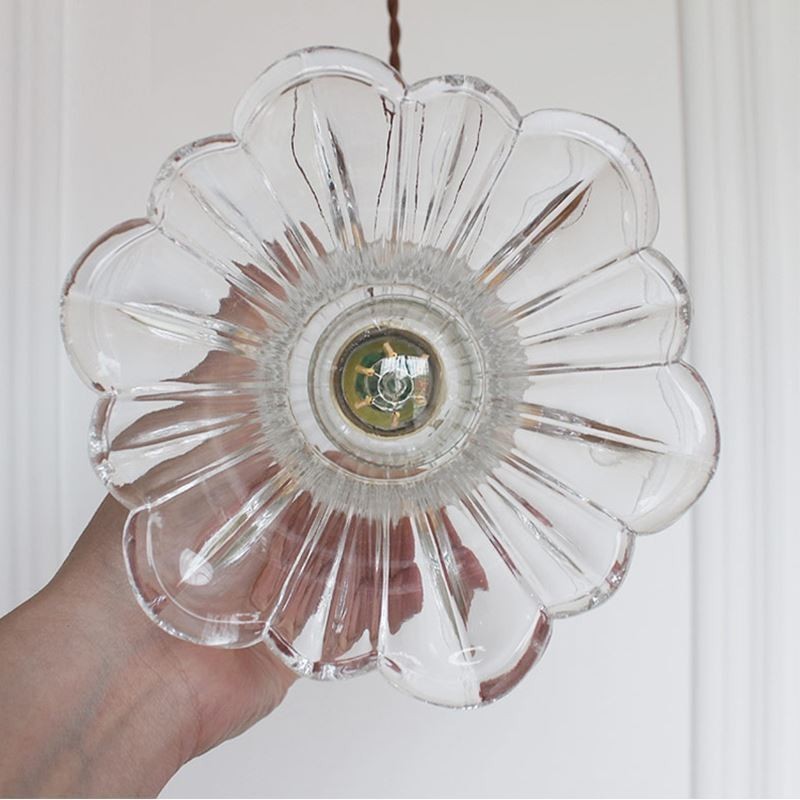 Lampada a sospensione in vetro trasparente scanalato a forma di fiore con interruttore a torsione