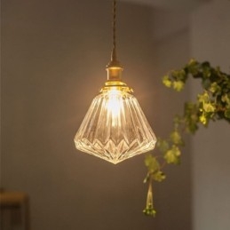 Lampada a sospensione in vetro trasparente a coste con dettaglio diamante, ottone