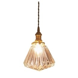 Lampada a sospensione in vetro trasparente a coste con dettaglio diamante, ottone