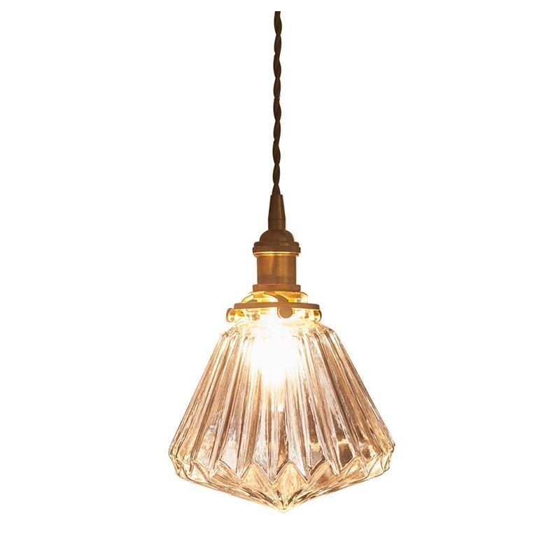 Lampada a sospensione in vetro trasparente a coste con dettaglio diamante, ottone