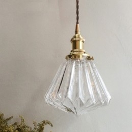 Lampada a sospensione in vetro trasparente a coste con dettaglio diamante, ottone