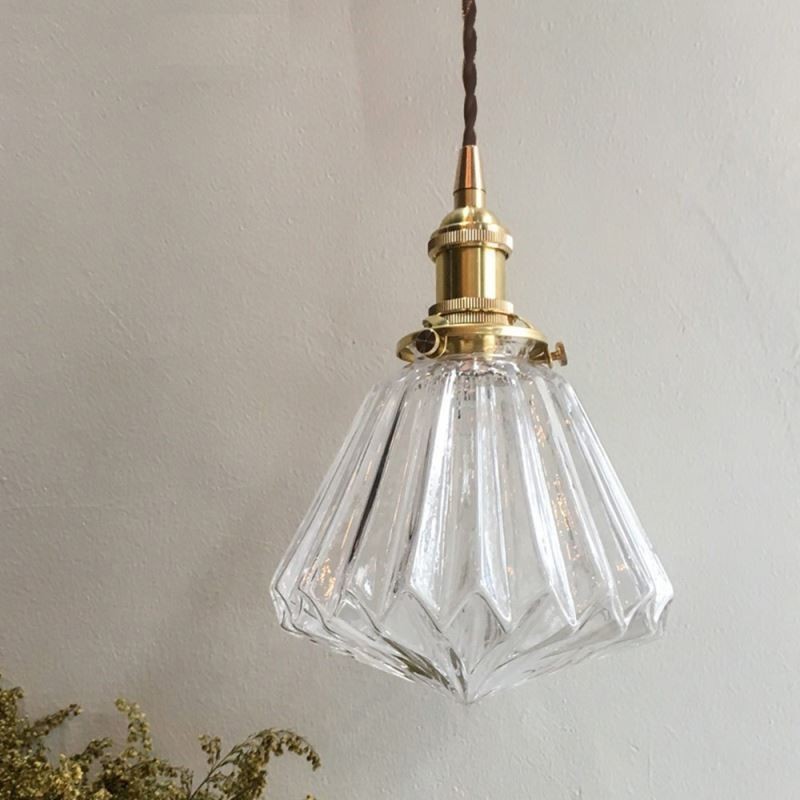 Lampada a sospensione in vetro trasparente a coste con dettaglio diamante, ottone