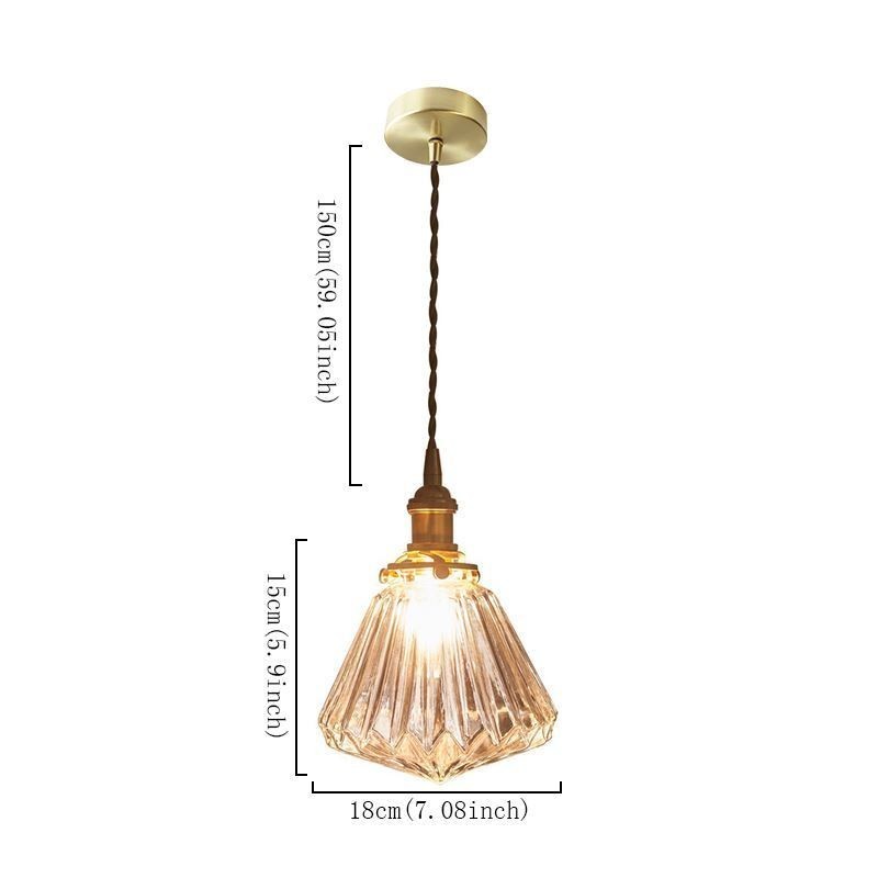 Lampada a sospensione in vetro trasparente a coste con dettaglio diamante, ottone