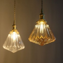 Lampada a sospensione in vetro trasparente a coste con dettaglio diamante, ottone