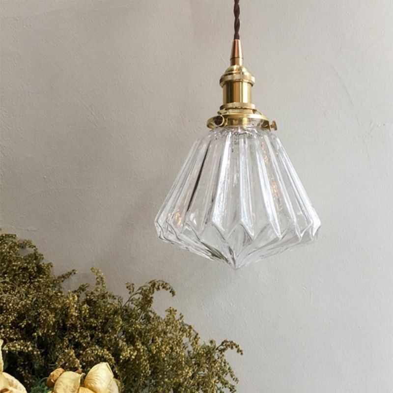 Lampada a sospensione in vetro trasparente a coste con dettaglio diamante, ottone