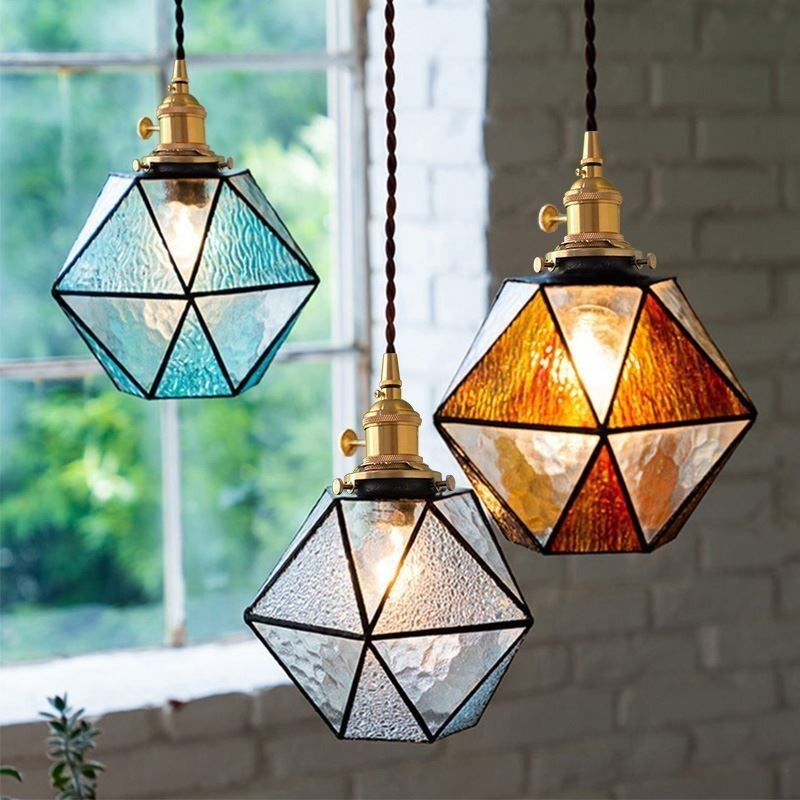 Lampada a sospensione geometrica in vetro colorato stile fattoria