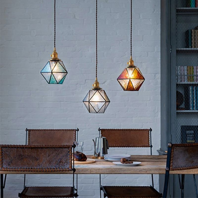 Lampada a sospensione geometrica in vetro colorato stile fattoria