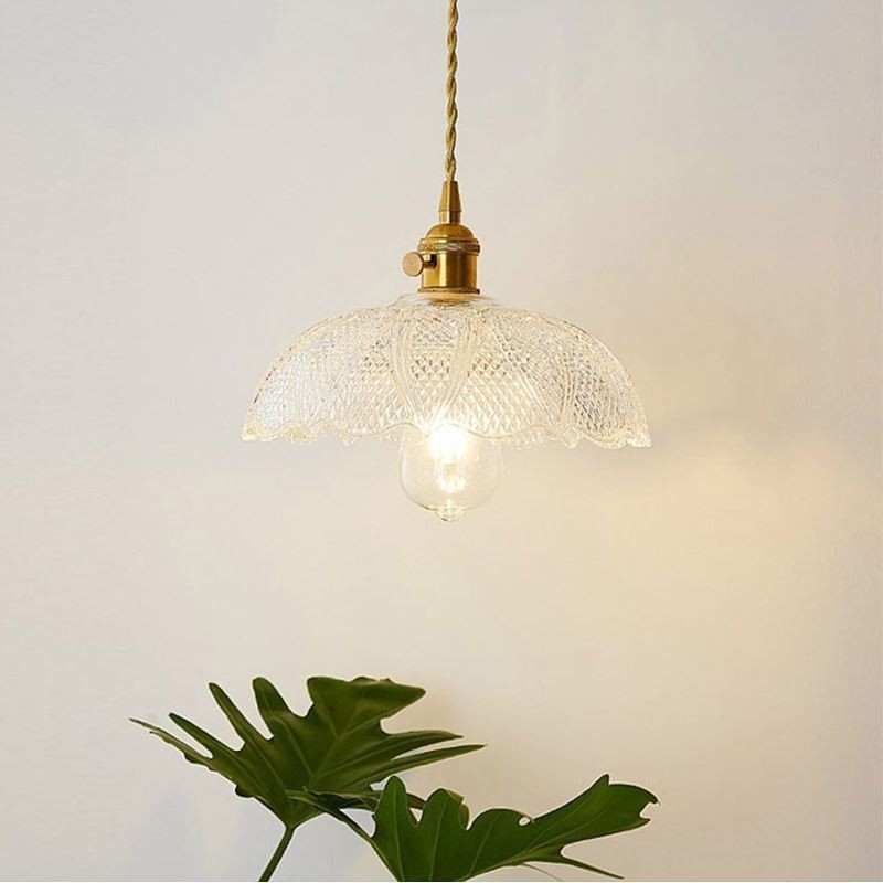 Lampada a sospensione in vetro trasparente a coste, ottone, E26/E27, 150 cm
