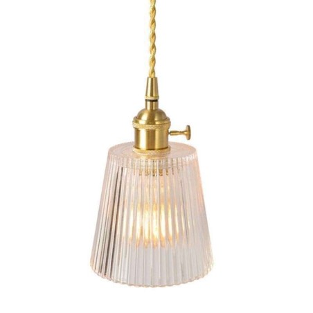 Lampada a sospensione in vetro rigato ottone con paralume a cono e interruttore a torsione