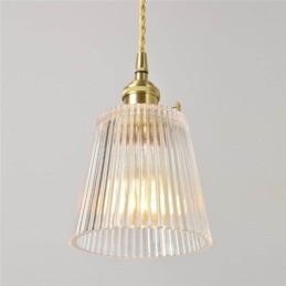 Lampada a sospensione in vetro rigato ottone con paralume a cono e interruttore a torsione