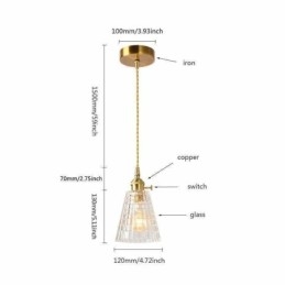 Lampada a sospensione quadrata in vetro trasparente a coste, ottone, interruttore a torsione