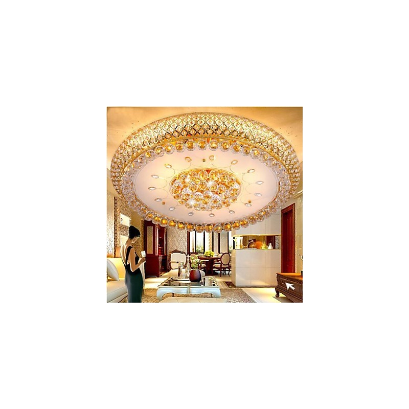 Plafoniera rotonda in cristallo trasparente e oro, 80 cm, 15 lampadine, montaggio a filo