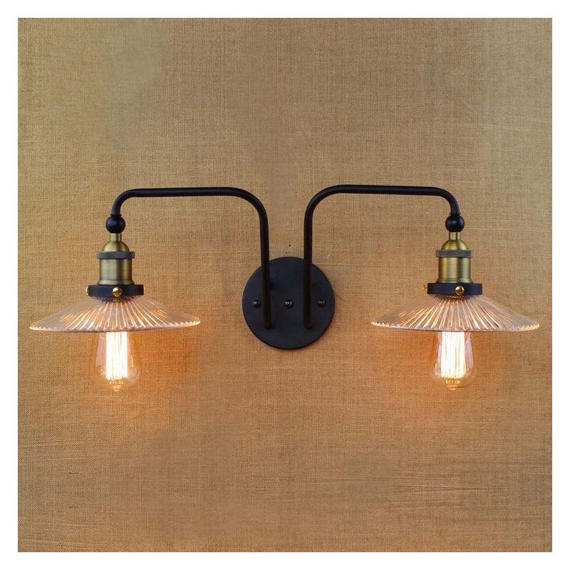 Applique da parete industriale nordica in vetro e ferro, nero, 2 luci E26/E27