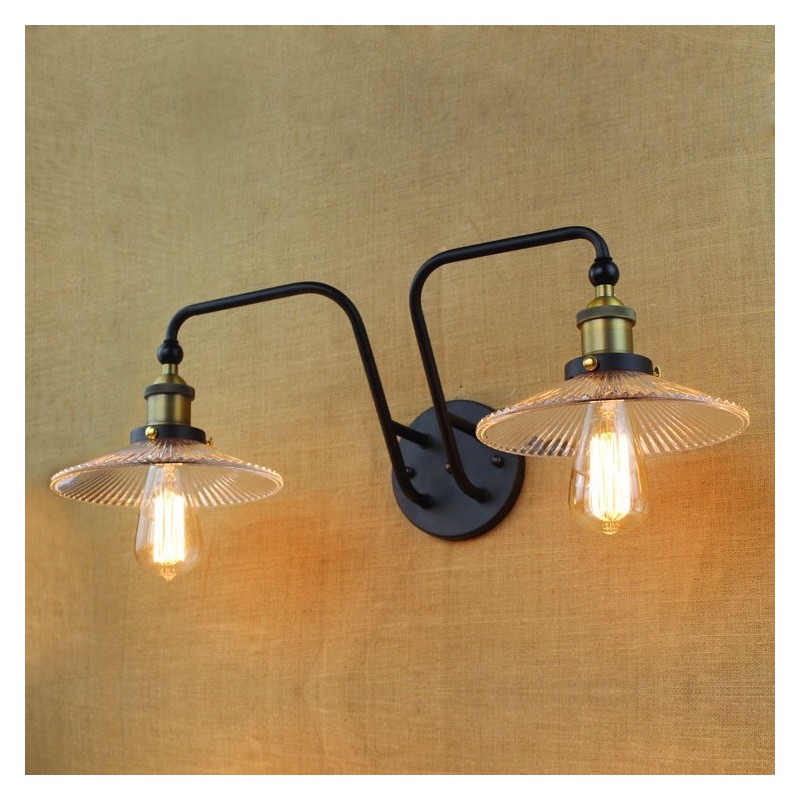 Applique da parete industriale nordica in vetro e ferro, nero, 2 luci E26/E27