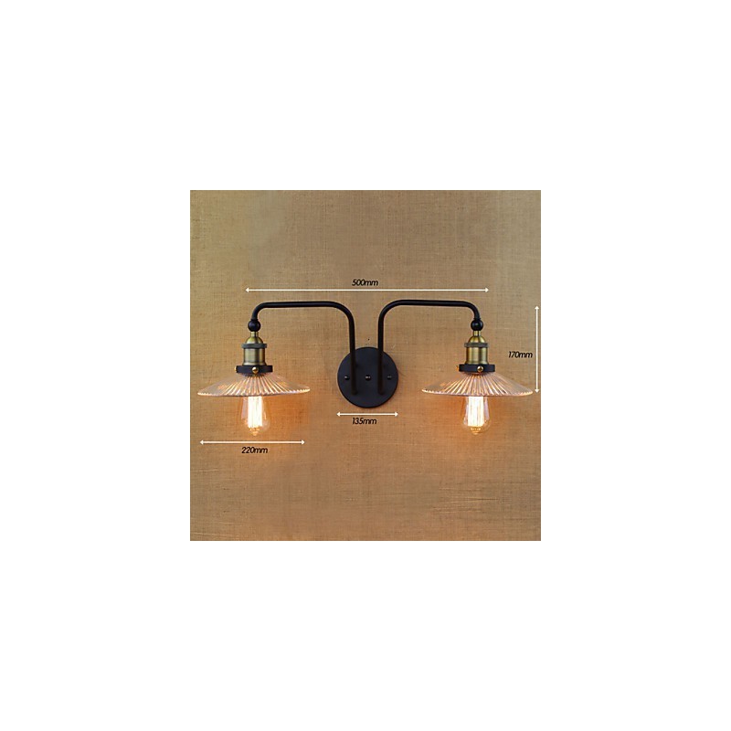 Applique da parete industriale nordica in vetro e ferro, nero, 2 luci E26/E27