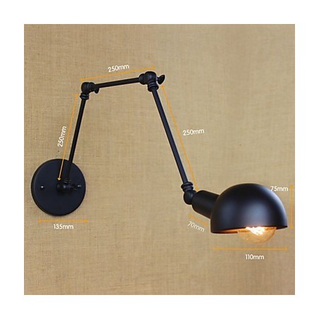 Applique da parete industriale retrò a braccio lungo con lampadina E26/E27, nera
