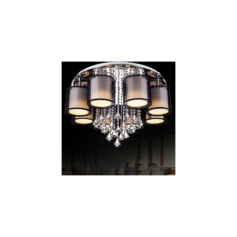 Lampadario contemporaneo in metallo marrone con paralume in tessuto e cristalli