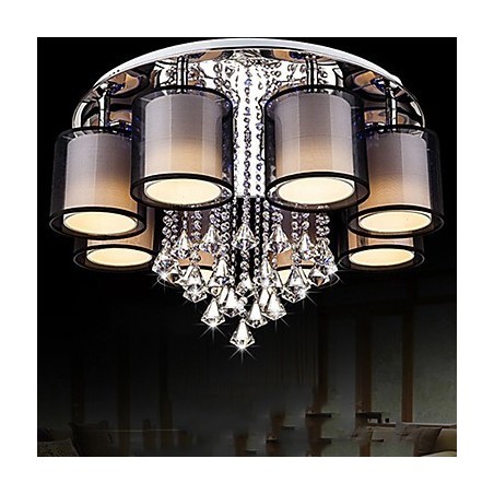 Lampadario contemporaneo in metallo marrone con paralume in tessuto e cristalli