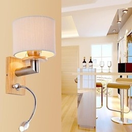 Applique da parete LED con luce di lettura, 2 luci, legno/bambù, paralume in tessuto