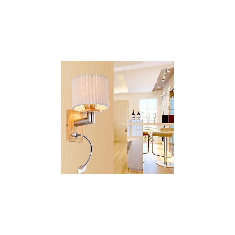 Applique da parete LED con luce di lettura, 2 luci, legno/bambù, paralume in tessuto