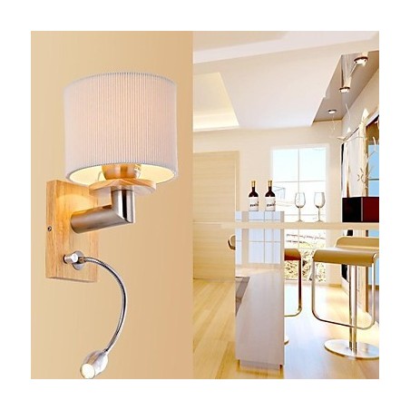 Applique da parete LED con luce di lettura, 2 luci, legno/bambù, paralume in tessuto