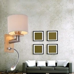 Applique da parete LED con luce di lettura, 2 luci, legno/bambù, paralume in tessuto