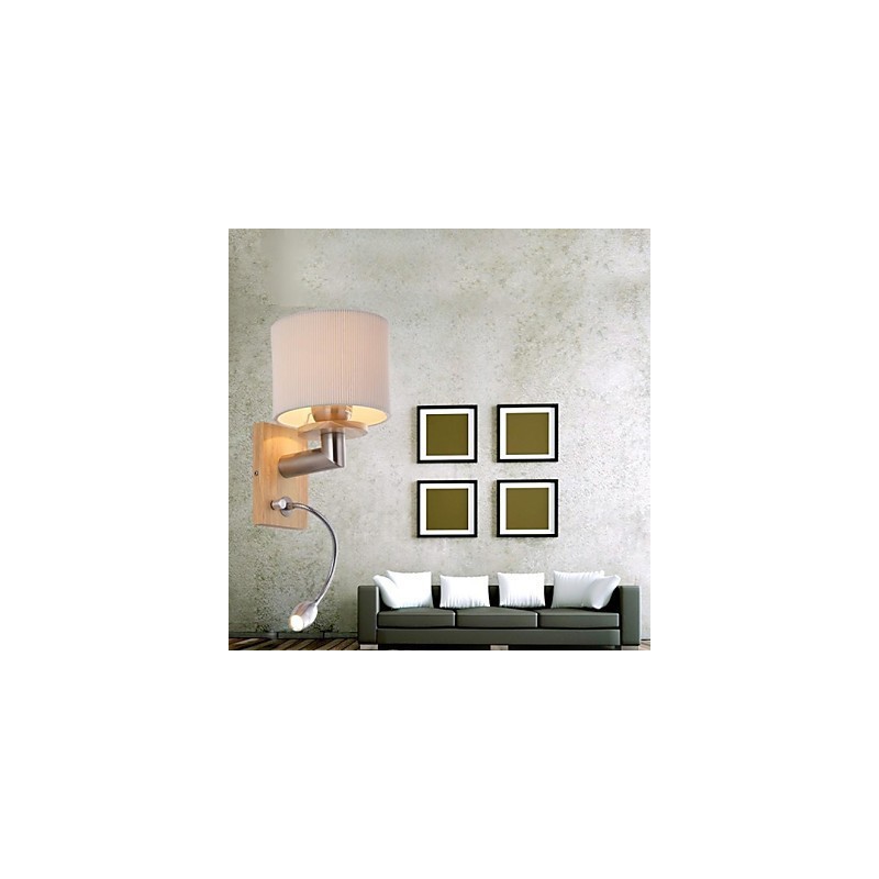 Applique da parete LED con luce di lettura, 2 luci, legno/bambù, paralume in tessuto