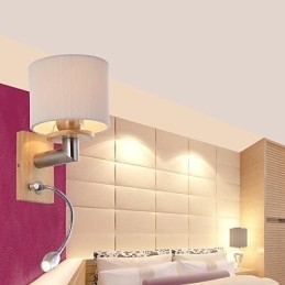 Applique da parete LED con luce di lettura, 2 luci, legno/bambù, paralume in tessuto