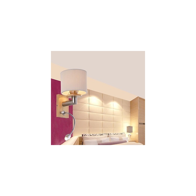 Applique da parete LED con luce di lettura, 2 luci, legno/bambù, paralume in tessuto