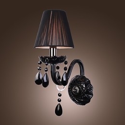 Applique da parete in cristallo nero con paralume in tessuto, 1 lampadina E12/E14, 36x24x24 cm