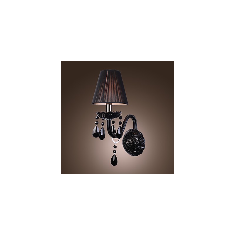 Applique da parete in cristallo nero con paralume in tessuto, 1 lampadina E12/E14, 36x24x24 cm