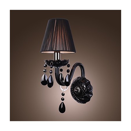 Applique da parete in cristallo nero con paralume in tessuto, 1 lampadina E12/E14, 36x24x24 cm
